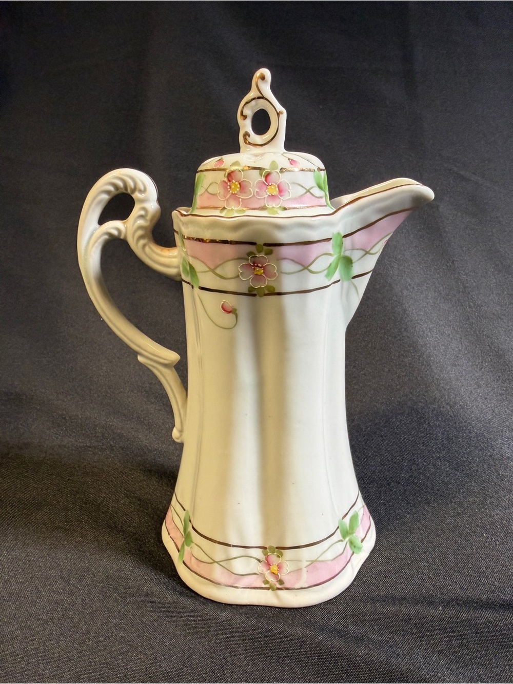 Antique Hand Painted Porcelain Chocolate Pot Pink Floral Gold Trim Cocoa Pitcher